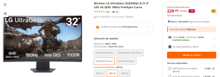 Monitor LG UltraGear 32GS60QC-B 31.5" LED VA QHD 180Hz FreeSync Curva por 229€