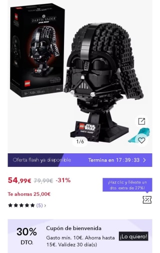 LEGO, 75304 Star Wars Casco de Darth Vader por 39,99€.
