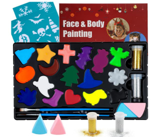 Set de maquillaje infantil, maquillaje infantil profesional, maquillaje infantil de 17 colores con 14 plantillas 2 pinceles 2 esponjas por solo 10,75€