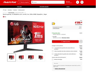 Monitor Gaming LG 24GQ50F-B 23.8" Full-HD 1ms 165Hz HDMI DisplayPort por 126, 65€