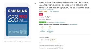 Tarjeta SD Samsung Pro Plus 256GB V30 por $375 en Amazon