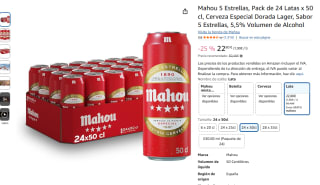 Mahou 5 Estrellas, Pack de 24 Latas x 50 cl, Cerveza Especial Dorada por 22,80€