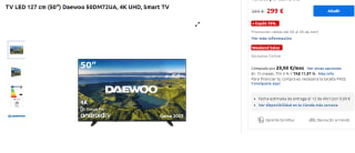 Television LED 127 cm (50") Daewoo 50DM72UA, 4K UHD, Smart TV por 299€