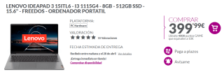 Ordenador Portatil Lenovo IdeaPad 3 15ITL6 Intel Core i3-1115G4/8GB/256GB SSD/15.6" por 399.99€