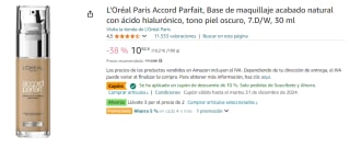 3 L'Oréal Paris Accord Parfait, Base de maquillaje acabado natural con ácido hialurónico, tono piel oscuro, 7.D/W, 30 ml por 20.12€