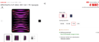 Apple iPad Pro (2022) 12,9" Wi‑Fi + Cellular 1TB Grijs voor €1.697 bij de Mediamarkt