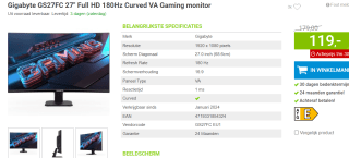 Gigabyte GS27FC Gaming monitor voor €119 bij Megekko