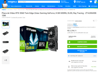 Placa Gráfica da Zotac Gaming, modelo RTX 3060 Twin Edge de 8 GB - R$ 2.294,11