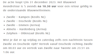 Treinkaartje Blauwnet avondretour voor €5 via Ervaarhetov