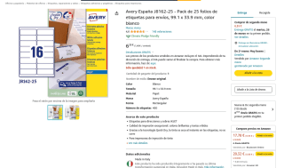 Pack Avery España J8162-25 25 folios de etiquetas para envíos 99.1x33.9mm blanco por solo 6,39€