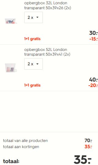 Alle plastic opbergboxen 1+1 gratis bj de Hema