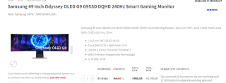 Samsung 49 Inch Odyssey OLED G9 G95SD DQHD 240Hz Smart Gaming Monitor voor €1.192,68 bij Redshell