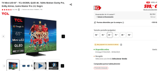 TV Mini LED 65" TCL 65C805, QLED 4K, 144Hz Motion Clarity Pro por 599€