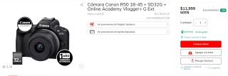 Canon R50 18-45 + SD32G + Online Academy Vlogger+ G Ext por $11,999 en Sanborns