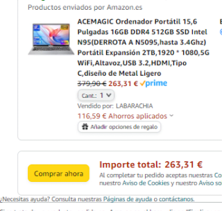 Ordenador Portátil 15,6 Pulgadas 16GB DDR4 512GB SSD Intel N95 por 263,31€