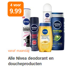 Alle Nivea deodorant en doucheproducten 4 voor €10 bij de AH