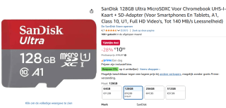 Geheugenkaart sandisk sdxc ultra 128gb voor €10,99 bij Amazon.