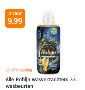 Alle varianten Robijn wasverzachter 33 wasbeurten 4 stuks voor € 9,99 bij de AH