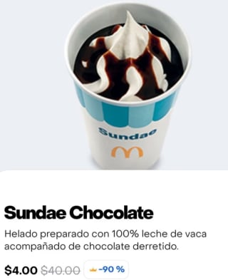 Sundae de Chocolate por $4 en McDonald's Rappi
