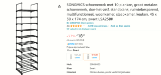 SONGMICS Schoenenrek met 10 Planken voor €18,97 bij Amazon