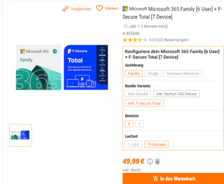 15 maanden Microsoft 365 Family + F-secure voor €49,99 bij NoteBookBilliger