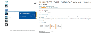 Disco duro WD_BLUE SN570 1TB M.2 2280 PCIe Gen3 NVMe por 49,99€
