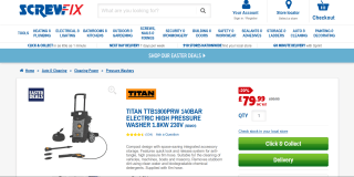 Titan TTB1800PRW 140bar Electric High Pressure Washer available for £79.99