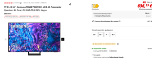 Televisor QLED 65" Samsung TQ65Q70DATXXC, UHD 4K, Procesador Quantum 4K por 636,65€