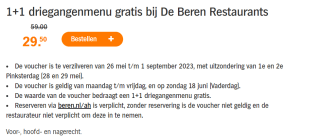 Voucher voor 1+1 driegangenmenu gratis bij De Beren Restaurants bij de AH