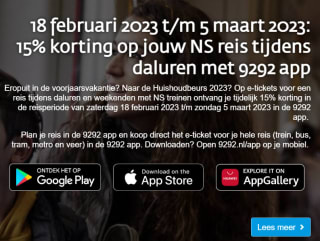 15% korting op jouw NS reis tijdens daluren met 9292 app