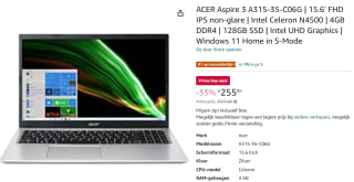 Acer Aspire 3 A315-35-C06G 15,6" Laptop voor €255 bij Amazon.nl