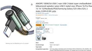 2 stuks AINOPE 100W/5A USB C naar USB C Kabels voor €8,39 bij Amazon