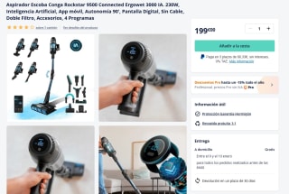 Cecotec Aspirador Escoba Conga Rockstar 9500 Connected Ergowet 3000 IA. 230W por 199€