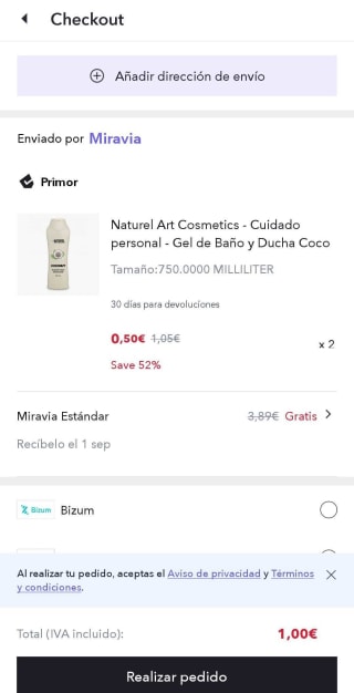 Envío gratis sin minimo compra en Miravia
