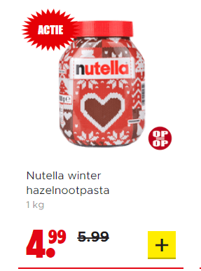 Nutella Hazelnootpasta winter 1 kg voor €4,99 bij Dirk