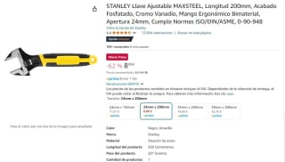 Marca STANLEY Llave Ajustable MAXSTEEL, Longitud 200mm, Acabado Fosfatado, Cromo Vanadio, Mango Ergonómico Bimaterial por 8,99€