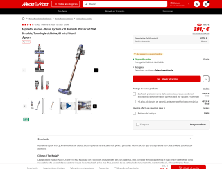 Aspirador escoba Dyson Cyclone v10 Absolute Potencia 150W por 391€