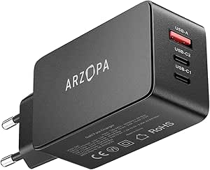 ARZOPA 65W Cargador USB C Rápida PD3.0 GAN 3 Puertos por 15,50€