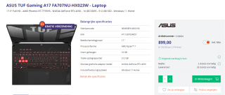 ASUS TUF Gaming A17 laptop voor €899 bij Azerty