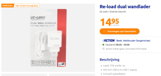 Re-load dual wandlader 65 watt voor €14,95 bij de Action