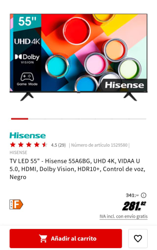 TV LED 55" marca Hisense modelo 55A6BG por 281,82€