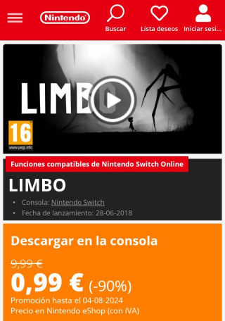 Limbo Nintendo Switch por 0,99€.