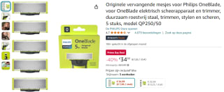 Philips One Blade QP250/50 5 vervangmesjes voor €34,99 met Amazon Prime