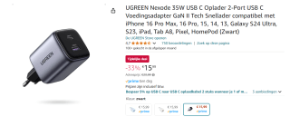 UGREEN Nexode 35W USB C Snellader- 2 Poorten GaN II voor €15,99 bij Amazon