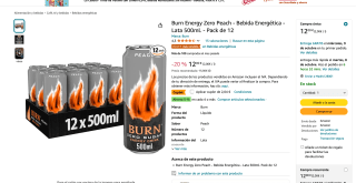 Bebida Energética Burn Energy Zero Peach Lata 500ml Pack de 12 por 9,96€
