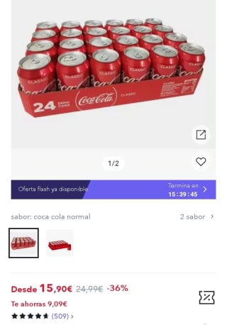 Coca-Cola Sabor Original - Refresco de cola Pack de 24 latas 330 ml por 9,09€.