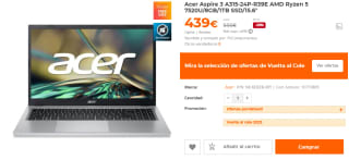 Ordenador Portatil Acer Aspire 3 A315-24P-R39E AMD Ryzen 5 7520U/8GB/1TB SSD/15.6" por 439€