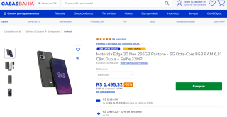 Smartphone da Motorola, modelo Edge 30 Neo de 256GB - R$ 1.495,32