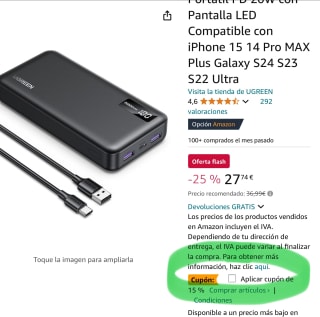 UGREEN Power Bank 20000mAh 22.5W Batería Externa con Cable USB C Por 23,57€