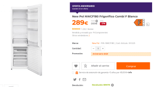 Frigorífico combi New Pol NWCF180 por 289€